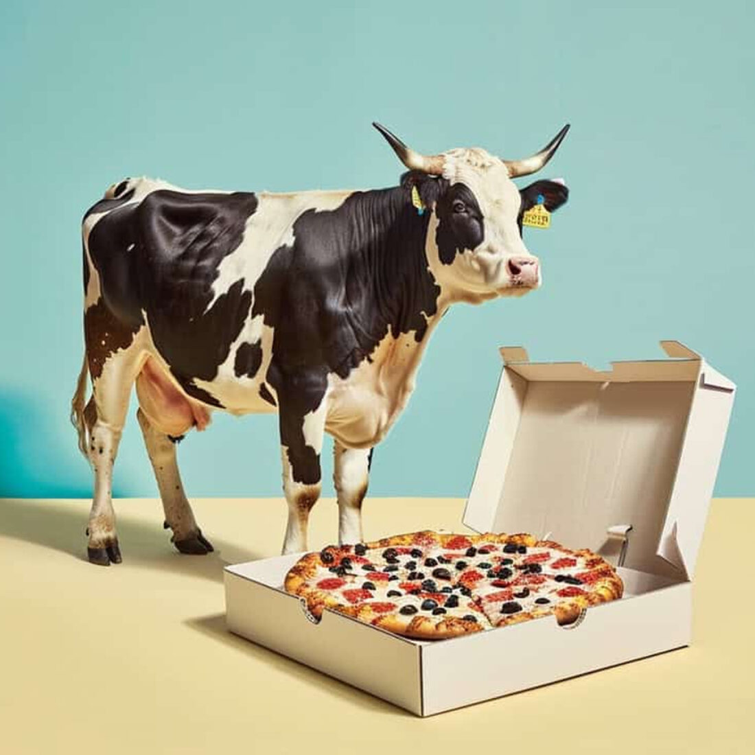 A cow looms over a boxed pizza. Image courtesy of NewMoo