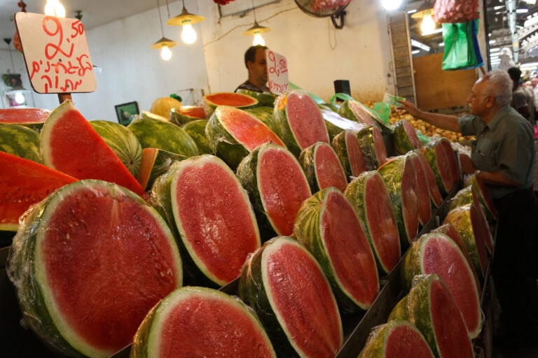 Watermelons for sale in the central Israeli city of Petah Tikva. Photo by Nati Shohat/Flash90
