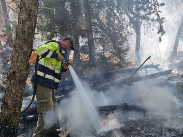 A firefighter extinguishes a forest fire in Meron Forest. Photo courtesy of KKL-JNF