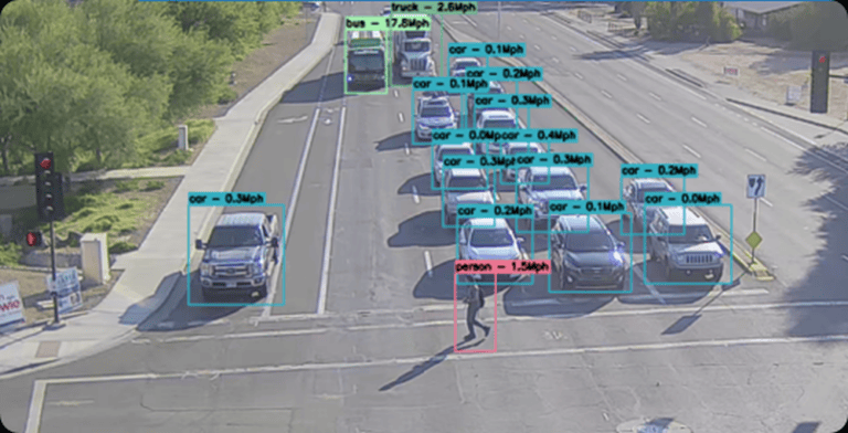 NoTraffic’s system measures real-time traffic flow, identifying cars, trucks, buses, motorbikes and other vehicles. Photo courtesy of NoTraffic