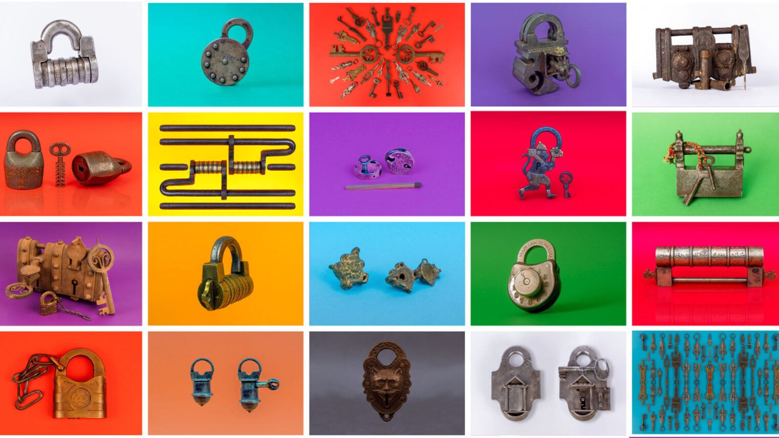 A collage of the locks on display in the exhibition. Photo by Eitan Vitkon