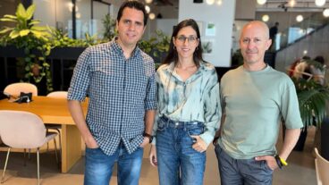 From left, Momentick CEO Daniel Kashmir and Meytal Shavit and Yinnon Dolev of Sompo. Photo by Matan Berlin