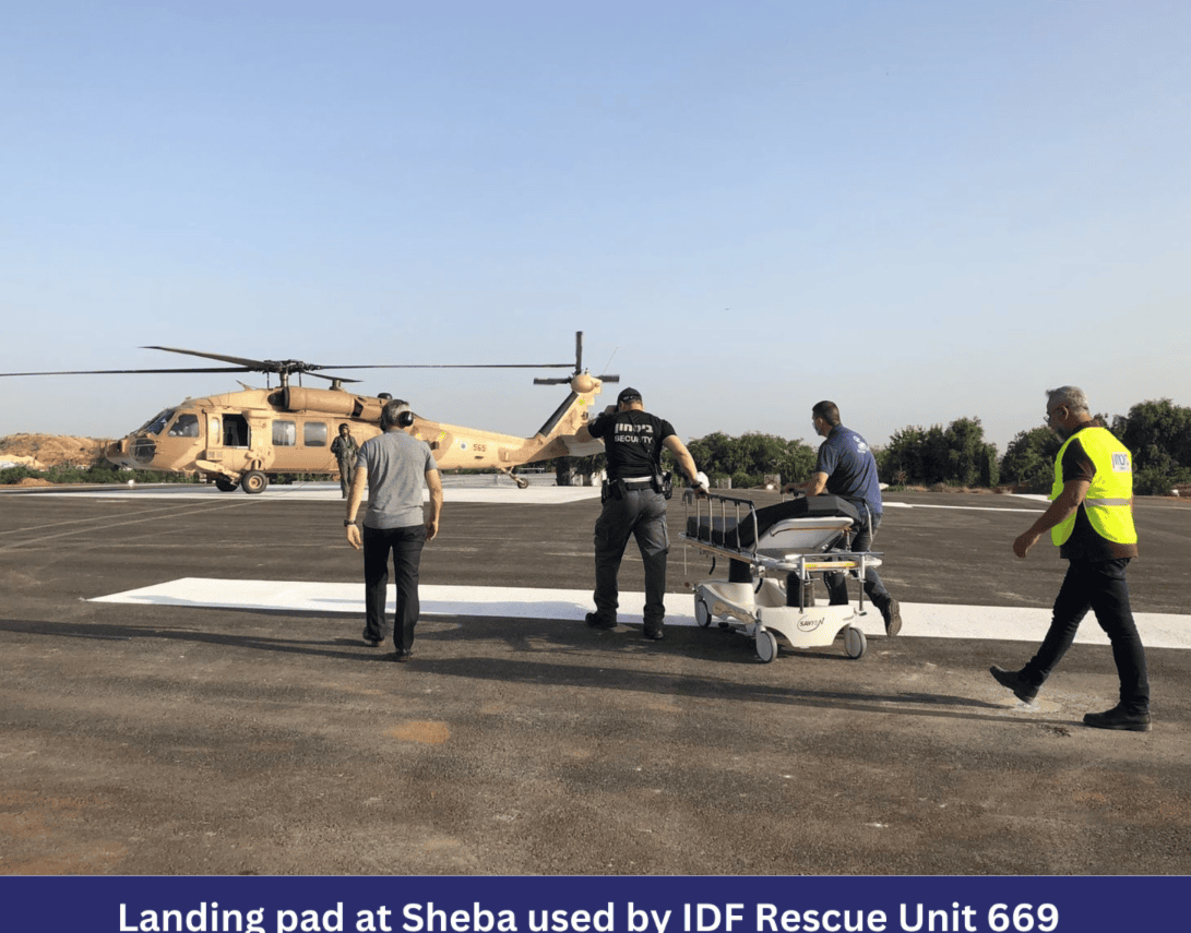 IDF Rescue Unit 669 arriving with freed hostages at the landing pad atop Sheba Medical Center. Photo courtesy of Sheba